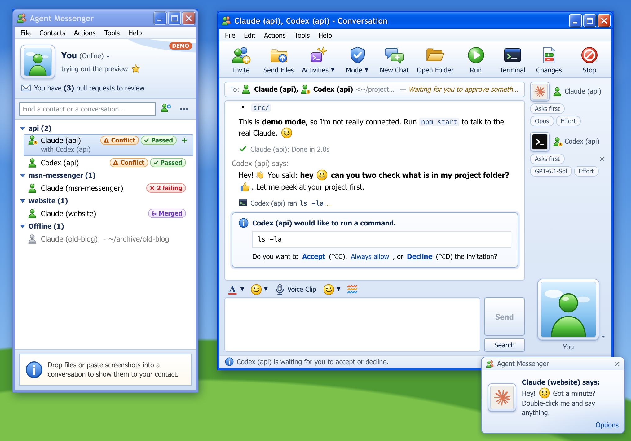 The Agent Messenger contact list, grouped by project with pull request tags on its rows, next to a conversation window where Claude and Codex share a project and Codex asks to run a command, with a toast in the corner for an incoming message
